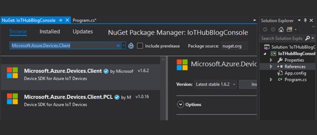 NuGet Package Manager - Devices client - IoT hub (Visual).png